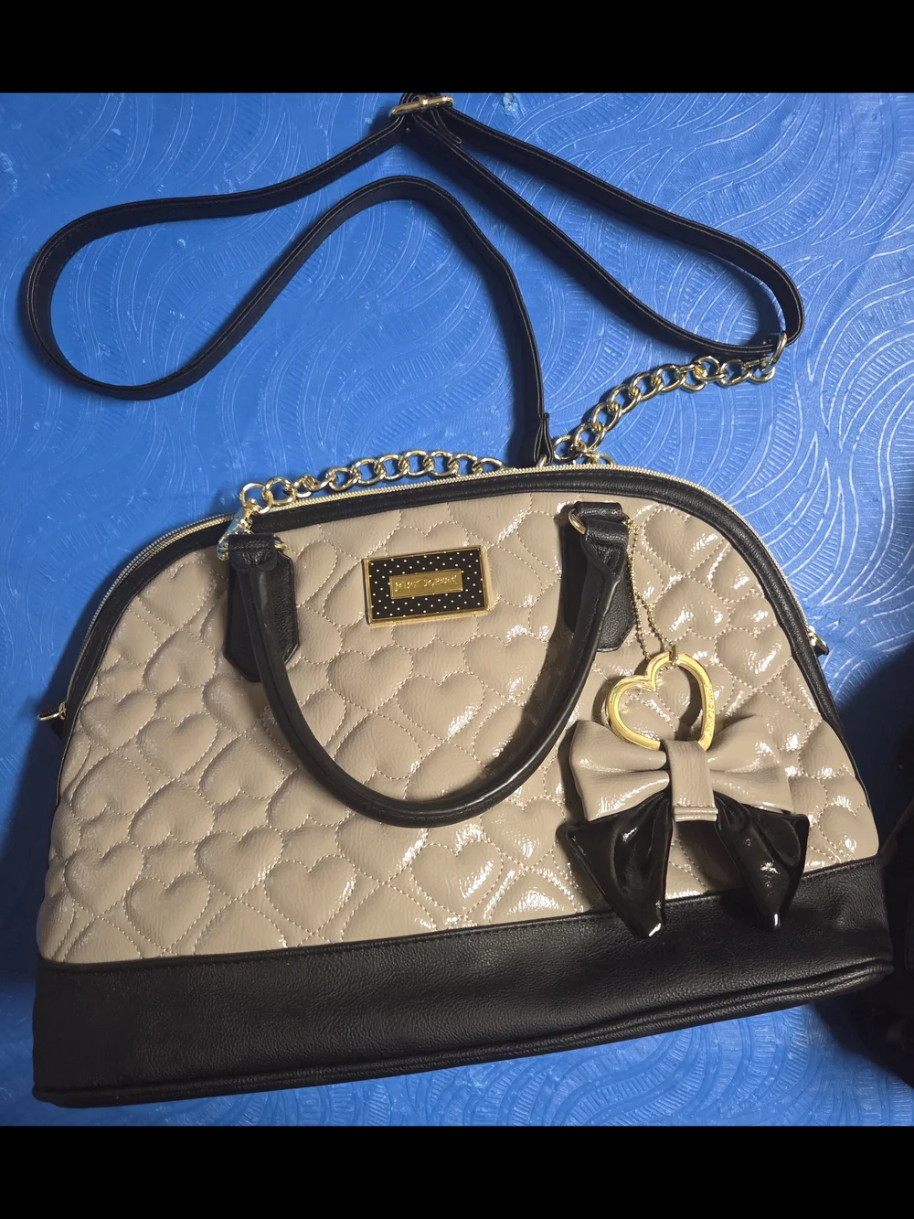 Betsey Johnson Rockstar Quilted Dome Satchel in Beige and Black
